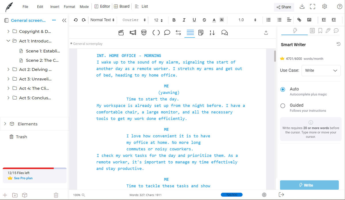 AI script writing by Squibler